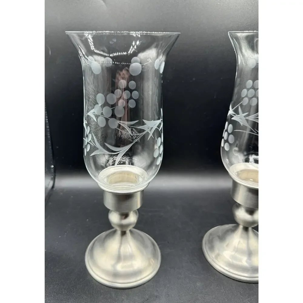 Kirk Weighted Pewter Candlesticks Etched Glass Hurricane Shades Set Of 2 -A95